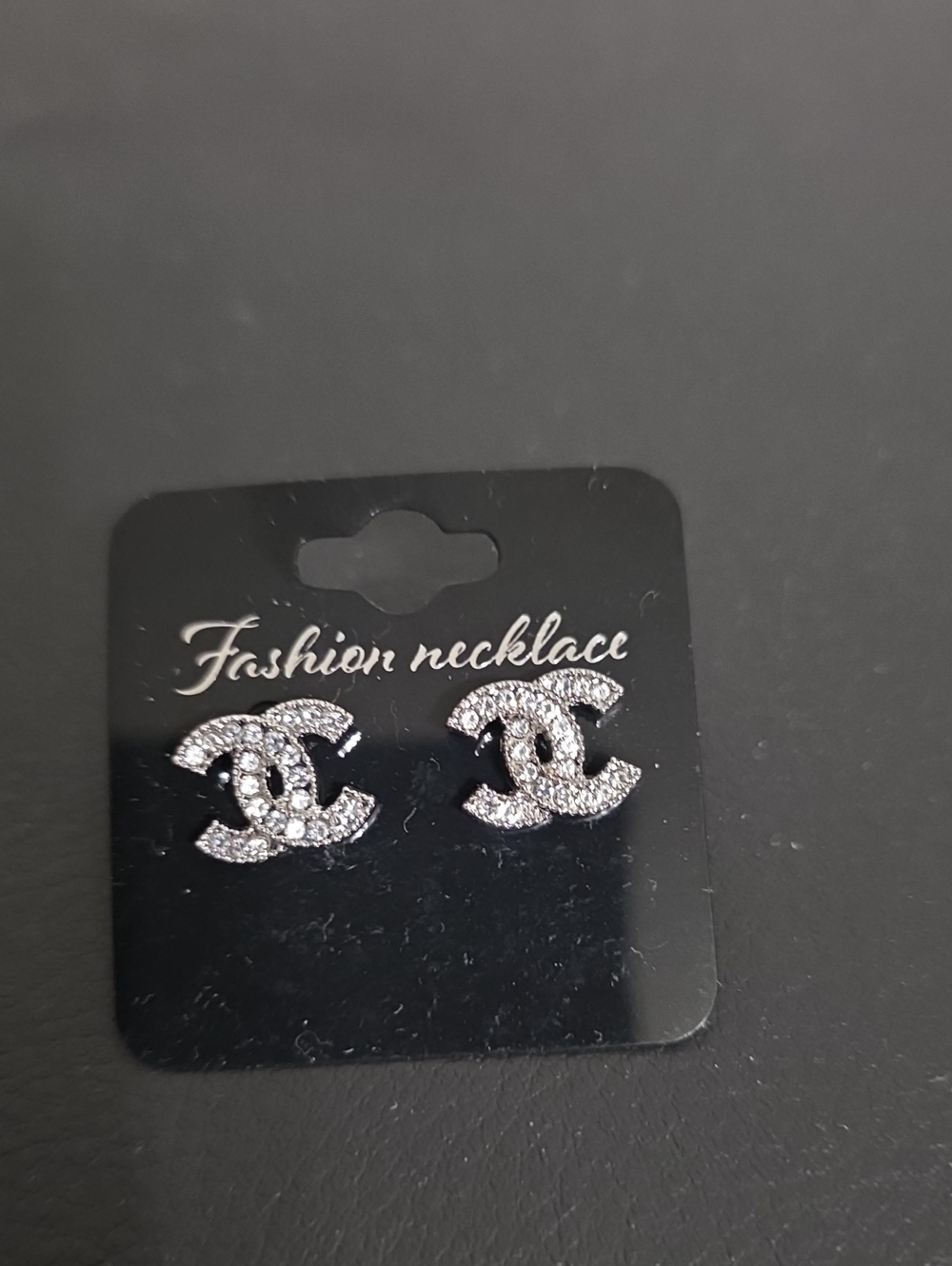 Rhinestone Interlocking C Stud Fashion Silvertone Earrings Pierced
